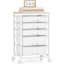 Utility Cart With 5 Drawers,Storage Drawer Cart With Wooden Tabletop And Lockable Wheels,Craft Storage Trolley Cart,5-Tier Rolling Utility Cart On Wheels,Bright White, Dark Brown, Dark Grey, Green, Macaron, Purple, Rainbow, Rose Pink - 白色 - 查看 2