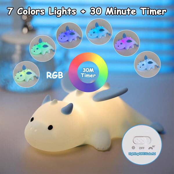 1 pieza Luz de noche de dragón, Lámpara de dinosaurio linda, Lámpara de silicona suave linda con 3 niveles de atenuación y cambio de color, Lámpara de mesita de noche magnética de animal de silicona atenuable, Luz nocturna recargable suave para decoración del hogar, dormitorio, sala de estar