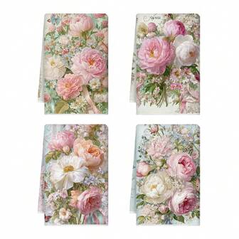 4 st absorberande disktrasor i köket - Vintagepionblommönster, mjuka rektangulära disktrasor i polyester och badrumshanddukar, heminredning - perfekt present för vuxna, kökshanddukar, delikat design