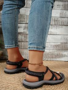 Women's Classic Contrast Color Beach Avant-Garde PU Leather Criss-Cross Strap Hook And Loop Non-Slip Soft Bottom Sandals, Outdoor Summer - Black - View 3
