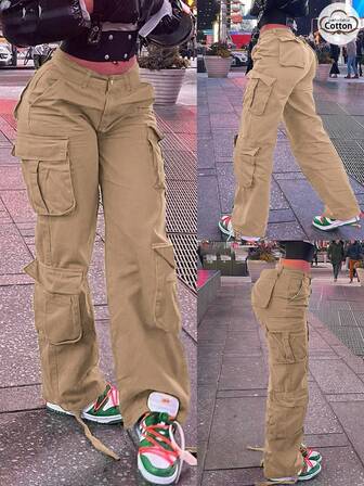 GILIPUR New Khaki Cargo Pants, Elastic Multi-Pocket Casual Loose Pants, Y2K Style Solid Color Loose Pants, Street Style For Autumn, Retro Fashion, Suitable For Outings On New Year, Valentine's Day, Chinese New Year, Suitable For Spring, Summer, Autumn And Winter, Refined Casual, Ideal For Formal Dinners, Casual Dinners And Concerts