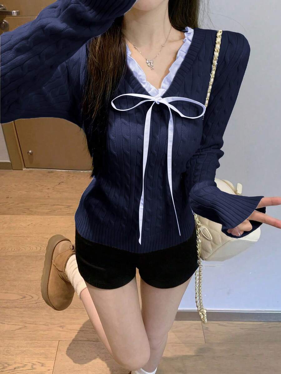 V-Neck Patchwork College Style Anti-Aging Cable Knit Sweater, Autumn/Winter - Navy Blue - View 1