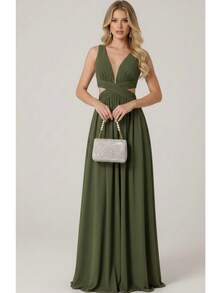 Vestido De Lujo Para Madrina De Graduaciones Sin Brillo En Color Oliva, Marsala, Rosa, Fucsia, Menta O Terracota - Verde Oliva - Ver 1