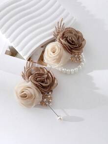 1 pièce Corsage fleur double champagne et bleu + 1 pièce décoration de fleur de poignet, élégant pour mariage, marié, mariée, demoiselle d'honneur, fête, accessoires de la Saint-Valentin pour un port quotidien - Champagne - Voir 2