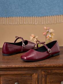 Women's Fashion Square Toe Splicing Wine Red Shoes, Casual Office Versatile Shoes, Outdoor Leisure High-End Elegant Flat Shoes, Women's Mary Jane Ballet Shoes, Summer - Burgundy - View 6