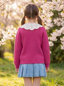少女针织开衫，饰有刺绣花卉边饰 - 玫紅色 - 查看 5