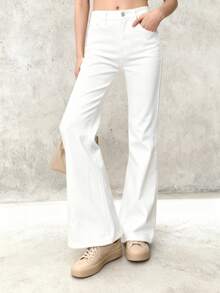 Women's White Flared Denim Jeans - Autumn Plus Size High Waist Stretch Slimming Bell Bottom Trousers - Polyester Fabric - trắng - Xem 3