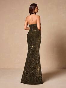 Backless High Slit Sequin Patchwork Formal Evening Gown, Elegant For Cocktail Party - Coffee - View 3