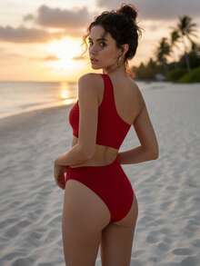 Women's One-Shoulder One-Piece Swimsuit - Solid Color Sexy Cut-Out Design - Summer Vacation Beachwear - 紅色 - 查看 2