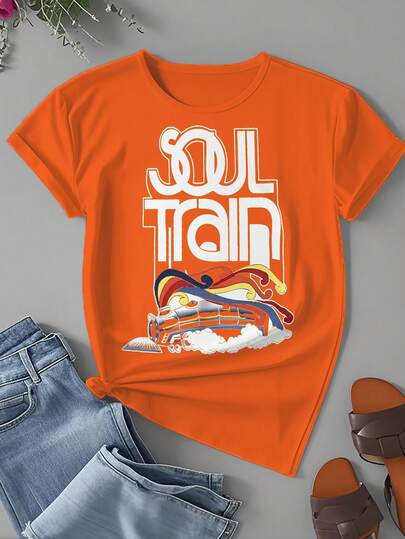 Plus-Size Women'S Crew Neck T-Shirt The Soul Train Is Brightly Colored Printed Sporty Short-Sleeved Top, Relaxed Fit Round Neck Short Sleeve Top For Spring/Summer, Casual & Party Wear