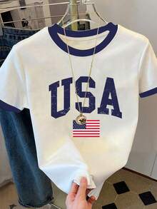 USA Flag Pattern Contrast Trim Women's Casual Round Neck Short Sleeve T-Shirt, Spring And Summer - Light Apricot - View 1