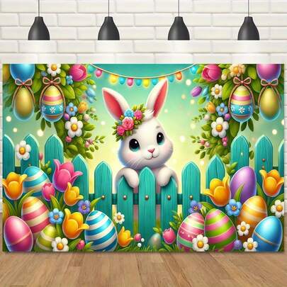 1件复活节围栏兔子背景布，可爱的复活节兔子围栏背景，兔子和彩蛋设计，多功能横幅，非常适合摄影、派对和复活节庆祝活动装饰