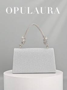 OpulAura 女士欧美风银色亮片翻盖晚宴包，闪亮优雅蝴蝶结和水钻装饰派对手拿包，奢华正式礼服手提包，链条单肩包，适合晚宴、派对、生日、婚礼、新娘配饰 - 銀色 - 查看 6