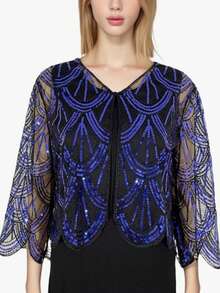 1pc Handmade Beaded & Sequin Embellished Shawl, 190s Mid-Sleeve Cardigan, Versatile For Weddings, Parties, And Everyday Wear - Champagne - View 4