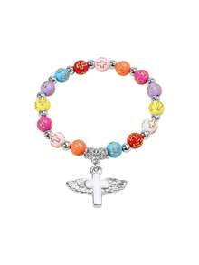 1pc Creative Fashion Acrylic Bead Wing Cross Bracelet, Oil Drop Angel Cross Beaded Elastic Bracelet - Cross - View 7