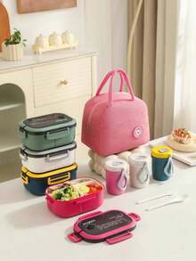 1pc/Set Solid Color Plastic PP Bento Box With Lid & Utensils, Reusable Portable Multi-Compartment Lunch Box, Thermal Food Storage Container, Comes With Wheat Straw Mug And Insulated Lunch Bag, Suitable For School, Office, Outdoor, Party, Working - Multicolor - View 1