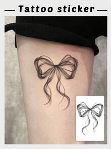 1片草本临时纹身贴纸，黑色蝴蝶结图案，持久防水防汗，一次性使用