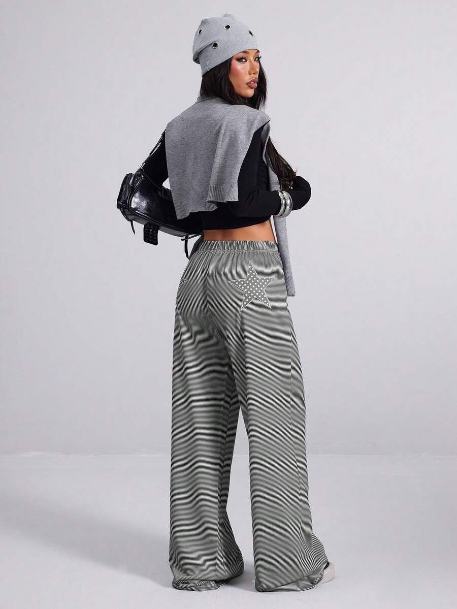 Women Spring And Autumn Commuting Striped Wide-Leg Pants,Daily Casual Vacation Party Star-Printed Sweatpants,Jogging Hose,Festival Gifts,New Year,Valentine Day Outfits - Multicolor - View 1