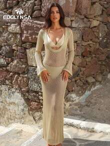 Sexy Knit Hollow Out Crochet U-Neck Beach Maxi Dress Swimsuit Cover Up Women's Elegant Long Sleeve Backless Bodycon Dresses Resort Wear Outfit - Màu Khaki - Xem 1