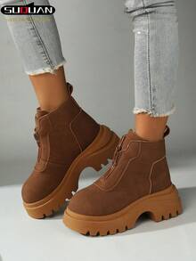 2026 Spring & Autumn New Women's Platform Boots, Front-Zipper Height-Increasing Serrated Sole, British-Style Ankle Boots, Versatile, Slimming & Elevating Ankle Boots, Autumn & Winter Commuter Shoes - Khaki - View 4