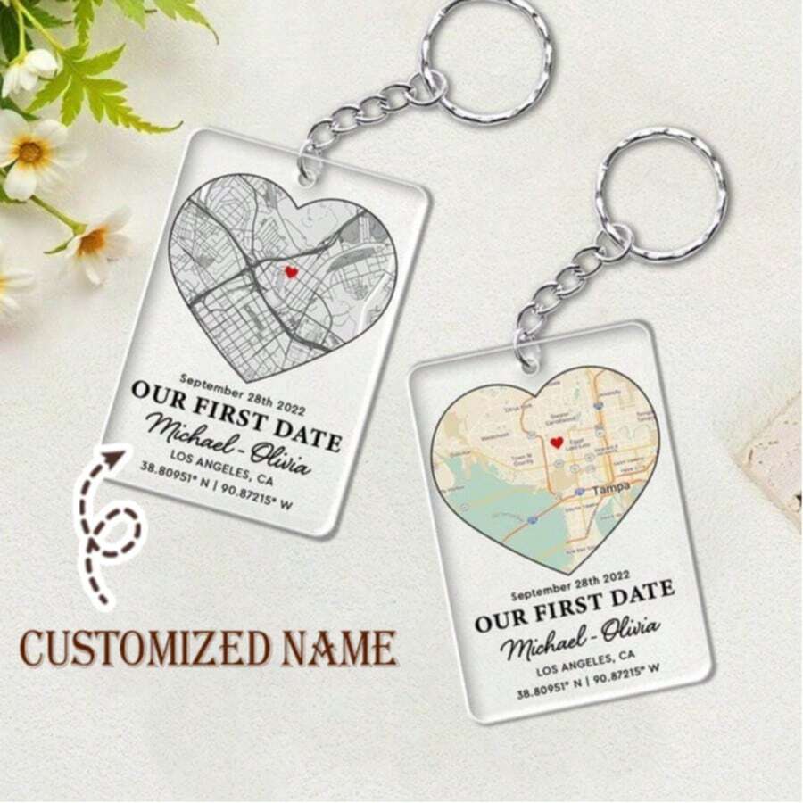 Personalized Map Keychain, Customized Couple Jewelry, First Date Gift, Couple Keychain, Location Map Keychain, Valentine's Day Gift For Him - Multicolor - View 1