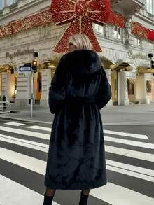 2025 Winter New Faux Fur Casual Fashion Coat, Retro Hooded Loose Mid-Length Long Sleeve Women Fake Fur Jacket - Black - View 2