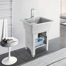 WOBENFOG Portable Plastic Laundry Room Sink With Washboard, For Hand Washing Clothes, Indoor Outdoor Utility Sink With Faucet With 2 Hoses, Freestanding Garage Sinks, Pet Bath For Cleaning Tank, Pet Bath, Or Storage Rack - 灰色的 - 查看 2