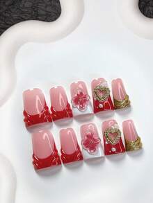 10件套优雅高端情人节美甲套装，包含法式按压美甲贴片、水滴形假指甲、手工花朵装饰、心形美甲配件、白色甲油胶、红色甲油胶、金属甲油胶，附带工具套装，三种尺寸可选：杏仁形、鸭嘴形、棺材形，适合女性和女孩，是约会、婚礼、情人节、派对等场合的理想美甲用品。 - 彩色 - 查看 14