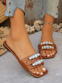 Women's Solid Color Beach TPU Rhinestone Slippers, Spring/Autumn - Brown - View 1