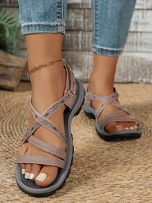 女士经典撞色沙滩PU皮交叉绑带魔术贴防滑软底凉鞋，夏季户外 - 駝色 - 查看 9