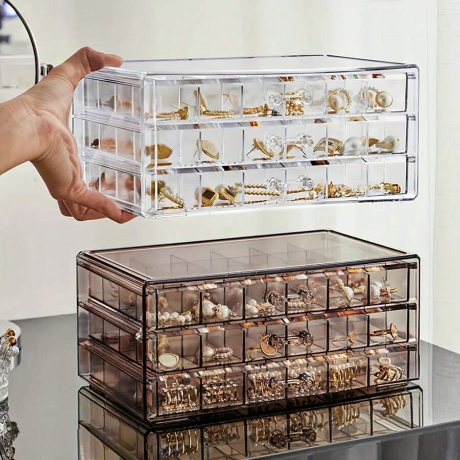 1pc 3-Layer 72-Grid Large-Capacity Ring Earrings Necklace Jewelry Storage Box - Màu nâu vàng - Xem 1