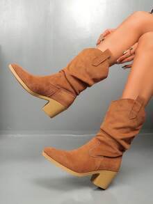 Plus Size Women Slip-On Ankle Boots, Comfortable Suede Mid-Calf Slouch Boots - Burnt Orange - View 5