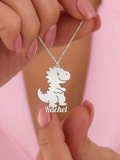 Custom-Made Cute Cartoon Dinosaur Name Necklace, Personalized Stainless Steel Anime Tyrannosaurus Rex Nameplate Pendant Necklace, A Gift For Her, Fashion Jewelry.