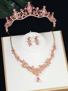 4件套青少年首饰套装，公主项链套装，皇冠项链套装，水晶花朵头饰，奢华皇冠项链礼盒，适合婚礼、节日、晚会等场合 - 粉色 - 查看 7