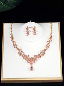 4件套青少年首饰套装，公主项链套装，皇冠项链套装，水晶花朵头饰，奢华皇冠项链礼盒，适合婚礼、节日、晚会等场合 - 粉色 - 查看 9