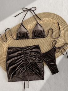 女士比基尼套装 - 三件式纯色泳衣，天鹅绒面料，三角罩杯上衣，系带泳裤，抽绳迷你裙，性感夏季沙滩装，女士度假泳装 - 咖啡棕 - 查看 6