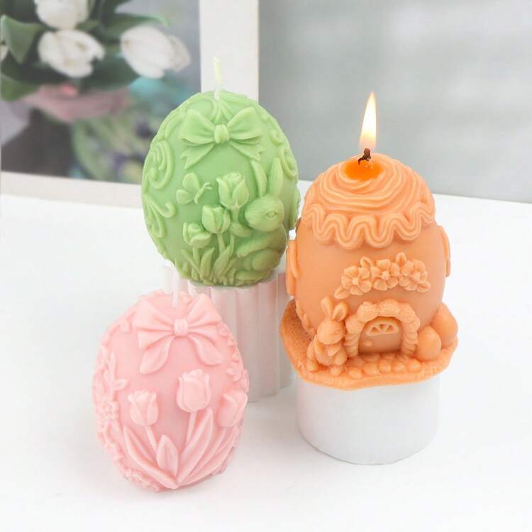 复活节兔子蛋蜡烛硅胶模具郁金香叶子图案兔子造型树脂模具 DIY兔子屋蝴蝶结蛋石膏制作工具 3D花朵兔子洞穴动物造型手工皂蜡烛模具 节日工艺品家居装饰 - 白色 - 查看 6