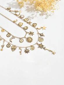 1 Conjunto de 2 Peças Colar e Gargantilha de Luxo e Alta Qualidade com Borla, Coração, Sol e Lua de Pérola Falsa, Conjunto de Colar Vintage Personalizado de Moda com Coração, Estrela e Lua de Pérola Falsa, Adequado para Uso Diário, Casamento e Festa para Mulheres - Dourado - Visão 3