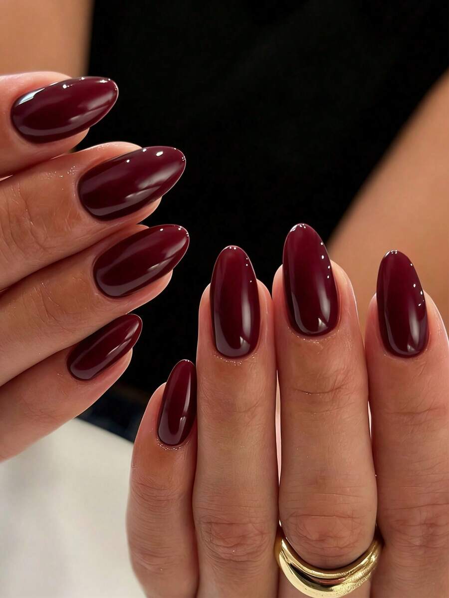 Bộ 24 miếng dán móng tay hình hạnh nhân kiểu Pháp tối giản màu đỏ tía, kèm sơn gel và dũa móng, thích hợp cho nữ giới và các bạn gái sử dụng hàng ngày, dự tiệc và sự kiện. - Màu Đỏ Sâu - Xem 1