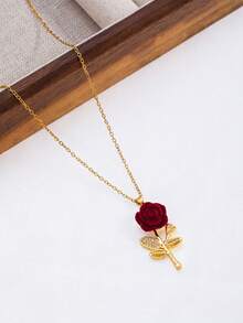 1pc Fashionable & Romantic Red Rose Pendant Necklace, Gift For Women - Red - View 5