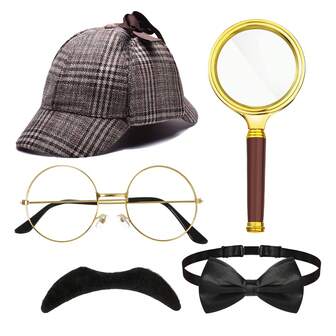 5 Stücke Detektiv Kostüm Zubehör Set, lustiges Cosplay Detektiv Hut, Fake Schnurrbart, Brille, Fliegen, Vergrößerungsglas Kostüm für Welttag des Buches, Halloween Outfits
