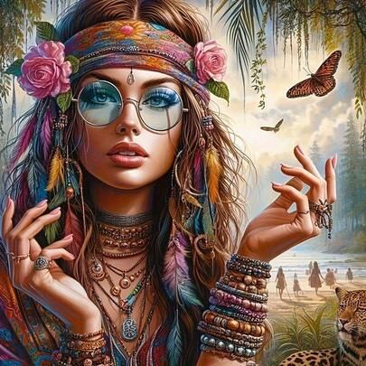 Bộ tranh đính kim cương 5D tự làm, phong cách Bohemian, họa tiết hoạt hình nữ, tranh khảm kim cương tròn toàn bộ, phụ kiện trang trí tường nhà và văn phòng, không khung.