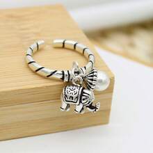 Anillo abierto de elefante pequeño de granada roja estilo coreano, anillo de perla con borla trenzada de plata tailandesa - Perla blanca - Ver 5