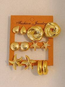 2-12 piezas de pendientes con diseños de flor, gota, redondo, estrella de mar y en forma de C, adecuados para fiestas, vacaciones y uso diario - Dorado - Ver 4