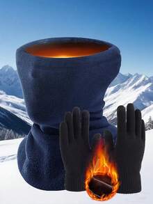 2pcs/Set Outdoor Warm Fleece Neck Gaiter + Gloves, Windproof Ski Face Mask, Men Sherpa Lined Neck Warmer And Gloves Set, Autumn/Winter