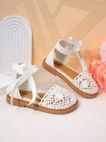 1 Pair Kids Girls Crochet Lace & Bow Detail Lightweight Open Toe Ankle Strap Flat Casual Sandals For Park Play - White - View 8