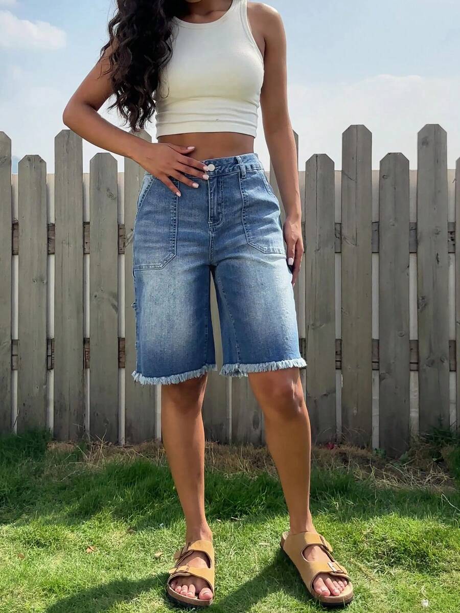 New Spring/Summer European & American Style Washed Denim Shorts, Casual Fashion Versatile Frayed Hem Elastic Waist Denim Shorts - Medium Wash - View 1
