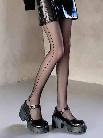 女士黑色爱心印花半透明性感连裤袜/打底裤/过膝袜，迷人半透明爱心图案紧身裤，打造浪漫叠穿造型，俏皮塑形长袜