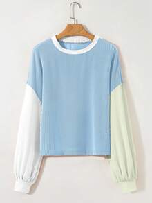 CILKOO Áo thun dài tay dáng suông phối màu, thích hợp mặc mùa xuân/thu. - Màu xanh nhạt - Xem 3