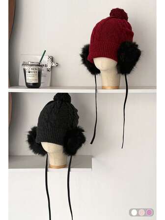 Fair Isle Beanie Vintage Oversized Warm Knitted Hat With Fur Lining, Ear Protection, Pompom And Drawstring For Women, Autumn/Winter